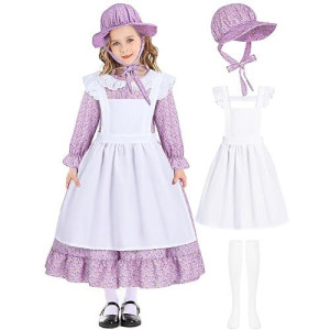 Pioneer Girl Costume Colonial Prairie Costume Dress Kids Pilgrim Costume Outfit Bedelia Martha Cosplay Floral Maid Farmer Dresses With Bonnet Apron Socks, Blue Ca022Xxs