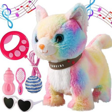 Colorful Leash Walking Cat Set Singing That Purrs And Meows Animated Plush Robot Kitten Moving Plush Realistic Stuffed Animal Remote Control Cute Kawai Robotic Kitty Toy For Girl