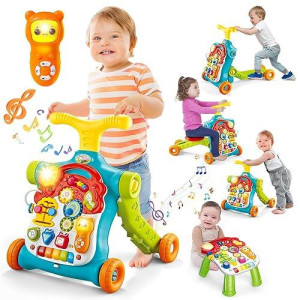 Terramus 5 In 1 Baby Walker Sit-To-Stand Toys, Learning Walker For Boys Girls Toddler, Multifunctional Educational Activity Center Removable Play Panel, Push Walker Toys Gifts For Infant 6-18 Months