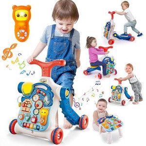 Terramus 5 In 1 Baby Walker Sit-To-Stand Toys, Learning Walker For Boys Girls Toddler, Multifunctional Educational Activity Center Removable Play Panel, Push Walker Toys Gifts For Infant 6-18 Months