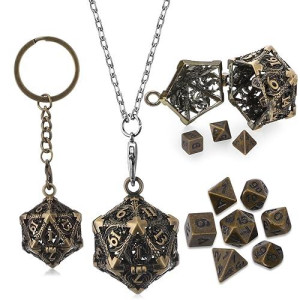 Syhood Mini Dice Set 7 Pcs Tiny Small Metal Dice Set Hollow D20 Necklace Case Keychain Role Playing Table Games Portable Teacher Gift Mother Gift(Antique Gold)