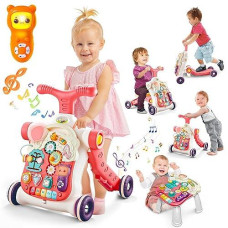 Terramus 5 In 1 Baby Walker Sit-To-Stand Toys, Learning Walker For Boys Girls Toddler, Multifunctional Educational Activity Center Removable Play Panel, Push Walker Toys Gifts For Infant 6-18 Months