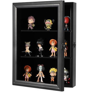 Verani Action Figure Display Case - Wall Mount Wood Cabinet For Minifigures Action Figures - Lockable Black Lock With Real Glass Door, For Mini Toys,Collections And Stone Rock Black