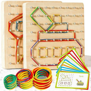 Cherosin 2Pack Wooden Geoboard Montessori Toys - Wood Geo Board Manipulative Geoboards For 4 5 6 Year Old Kids With Pattern Cards And Rubber Bands,Educational Peg Board For Boys Girls Ages 3-6