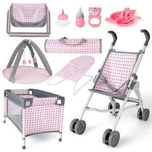 Deao Baby Doll Stroller Crib Bed Nursery Role Play Set Baby Doll With Accessories And Play Mat,Travel Cot,Bouncer,Foldable Stroller And Travel Bag Gifts For Toddlers Girls Boys