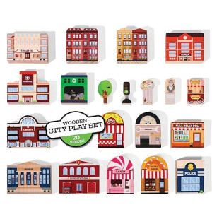 20 Pc Wooden City Play Set - Wooden Town Buildings And Street Signs For Play Mats, Toy Cars And Trains - Educational Preschool Track Accessories - Community Helpers Stacking Blocks Learning Toddler