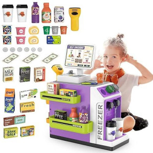 Deao Toy Cash Register For Kids Pretend Play Store Calculator Money 3 In 1 Coffee Machine Set Toys With Water Outlet Function Play Food Gifts Learning Toys For Kids Boys Girls (Purple)