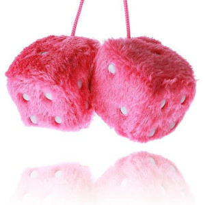 Sibba Mirror Dice, Fuzzy Plush Dice For Car Mirror, Pair 3” Black Dice With White Dots, Retro Square Decoration Dice For Car Hanging Accessories(Pink)