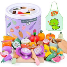 Whoholl Play Food Set For Play Kitchen Accessories, Wooden Toys Food Pretend Cutting Food With Apron, Montessori Toys For 1+ Years Old Girls Boys Eye-Protection Learning Resources