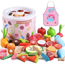 Whoholl Wooden Play Food Toys For Kids Kitchen Playset, Play Kitchen Accessories With Apron Pretend Cutting Food Montessori Toys For 1+ Year Old Girls And Boys