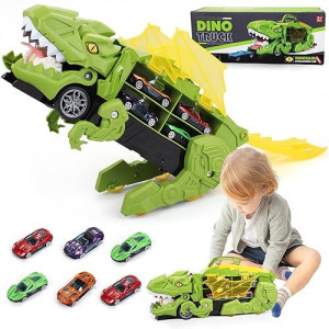 Dinosaur Cars Transport Truck Carrier, Toy Cars Track Set Dinosaur Transporter Truck, Monster Trucks Toy For Toddler, Transforms Into Dino, Dinosaur Toys For Kids 3-5, Birthday Gifts Toys(Green)