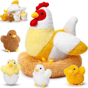 Skylety Chicken Stuffed Animal Plush Chicken Toys Egg Laying Hen With Zippered Belly, Hen House And Little Baby Chicks Stuffed Chicken For Easter Stuffers Party Supplies(Funny Style)