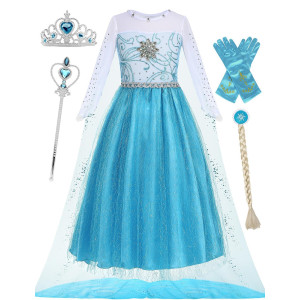 Isswya Princess Dress For Girls Princess Blue Costume Halloween Carnival Cosplay Birthday Party Outfits 7-8Y