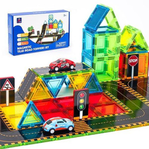 Hahaland Magnetic Tiles Road Set - Magnetic Construction Toys With Cars For Ages 3-5 Toddlers Preschool Learning Building Blocks Montessori Toys Birthday Gifts For 3+ Year Old Boys Girls