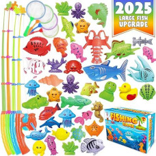 Cozybomb™ Magnetic Fishing Toys Game Set For Kids | Water Table Bathtub Kiddie Pool Party & Pole Rod Net, Plastic Floating Fish Toddler Color Ocean Sea Animals Birthday Age 3 4 5 6 Year