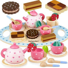 Wooden Tea Set For Little Girls Birthday Gift 2-4 Year Old Princess Toys Play Food Sets For Kids Kitchen Accessories Toddlers 3-5 Outdoor Party 1-3 Pretend Food Dessert Cookies Wood Toy