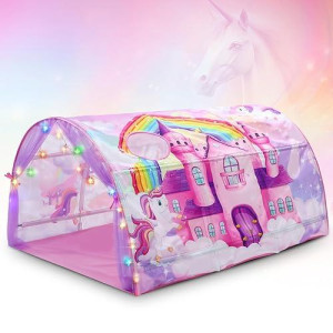 Wowangce Unicorn Bed Tent For Kids Large Kids Twin Tent Toddler Play Tent With Carry Bag Foldable Tent For Kids With String Lights For Girls Boys Bedroom Indoor Games