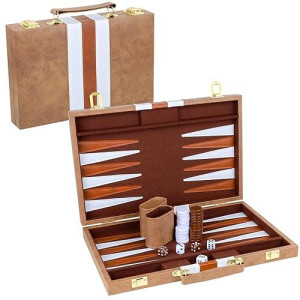 Reriver Backgammon Set 2 Players Classic Backgammon Sets For Adults Board Game With Pu Leather Case Portable And Travel Backgammon Set (Retro Brown, 15Inch)