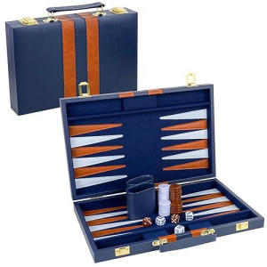 Reriver Backgammon Set 2 Players Classic Backgammon Sets For Adults Board Game With Pu Leather Case Portable And Travel Backgammon Set (Navy, 15Inch)