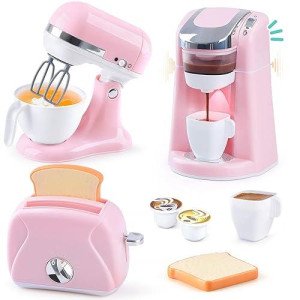 Play Kitchen Appliances Toys - Kids Kitchen Playset Accessories, Pretend Play Toy Sets With Coffee Maker, Mixer, Toaster With Realistic Lights & Sounds, Gifts For Toddler Girls Ages 2 3 4 5 6 7