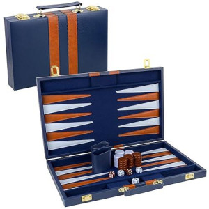 Reriver Backgammon Set 2 Players Classic Backgammon Sets For Adults Board Game With Pu Leather Case Portable And Travel Backgammon Set (Navy, 18Inch)