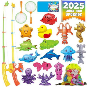 Cozybomb™ Magnetic Fishing Toys Game Set For Kids | Water Table Bathtub Kiddie Pool Party & Pole Rod Net, Plastic Floating Fish Toddler Color Ocean Sea Animals Birthday Age 3 4 5 6 Year