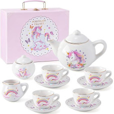 Tacobear Porcelain Tea Set For Girls Toys Unicorn Gift, 13Pcs Tea Party Set With Teapot & Cup & Saucer & Suitcase, Kid Kitchen Pretend Playset Birthday Unicorn Toys For Girls 3 4 5 6-8