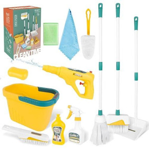 Deao Kids Cleaning Set 12 Pcs Housekeeping Pretend Play Set Toddler Cleaning Set Includes Broom & Dustpan Set With Mop, Brush, Bucket, Play Housekeeping Toy