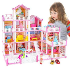 Deao Princess Doll House,4-Story 16 Rooms Kids Play Dollhouse Playset With 4 Dolls Furniture & Accessories,Pink Castle Dollhouse Toy For 3 4 5 6 7 8+ Kids Girls Toys