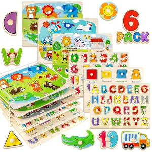 6 Pack Wooden Puzzles For Toddlers, Peg Toddler Puzzles Include Alphabet Number Shape Animals Vehicle Farm Puzzles With Storage Rack Preschool Educational Learning Toys For 1 2 3 4 5 Boys Girls