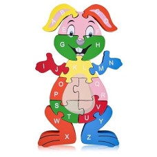 Lovestown Rabbit Wooden Puzzles, 26Pcs Alphabet And Number Building Blocks Wood Jigsaw Puzzle For Kids Preschool