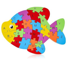 Lovestown Goldfish Wooden Puzzle, 26Pcs Jigsaw Puzzle Alphabet And Number Building Blocks For Kids Toddler Preschool