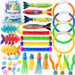 Yujun 35Pcs Pool Diving Swimming Toys, Summer Underwater Game Toys With Pool Fishes Dive Sticks Rings Gems Storage Bag For Kids Swim Birthday Party Favors