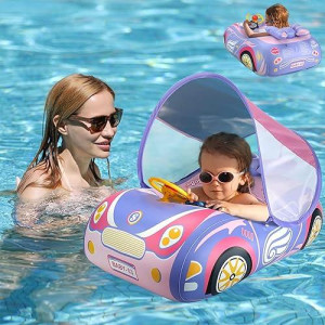 Baby Pool Float With Canopy 3D Car Thick Pvc Inflatable Baby Swim Pool Floats Seat Boat With Sun Shade Cover And Steering Wheel Baby Swim Floatie For Kids Infant Toddler Age 1-4 Years Old Girls Boys