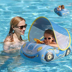 Baby Pool Float With Canopy 3D Car Thick Pvc Inflatable Baby Swim Pool Floats Seat Boat With Sun Shade Cover And Steering Wheel Baby Swim Floatie For Kids Infant Toddler Age 1-4 Years Old Girls Boys