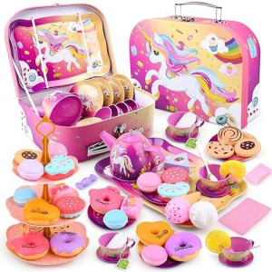 Auney Tea Party Set Toys For Girls, Tin Unicorn Tea Set Pretend Play Girls Toys Gifts For Little Girls Age 3-6, Kids Girls Toys Gifts For Tea Party Including Tea Set Carrying Case (New Unicorn)