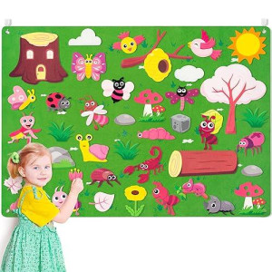 Watinc Insect Teaching Felt Board Story Set 3.5 Ft 45Pcs Preschool Bug Animals Caterpillar Bee Butterfly Dragonfly Storytelling Flannel Early Learning Play Kit Wall Hanging Gift For Toddlers（Pink）