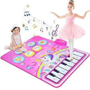 Baby Floor Piano Drum Mat Toy - Love&Mini Pink Large Size 35.43 * 27.56 Inches Unicorn Musical Piano Keyboard Mat And Drum Mat Toy For 1 2 3 4 5 Years Old Girls Birthday Gift