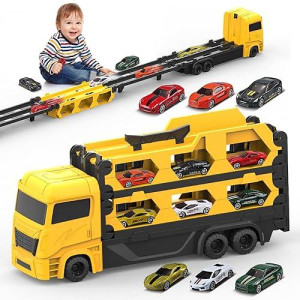 Qizebaby 7 In 1 Foldable Race Track Truck Toys For Boys Girls Age 2 3 4 5+, 65-Inch Transport Truck Car Toys With 6 Mini Die Cast Toys Cars, Car For Toddlers, Birthday Christmas Kids Toys Gifts