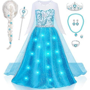 G.C Girls Light Up Elsa Dress Costume Toddler Princess Dress Up With Cape Kids Elsa Wig Crown Wand Toys Halloween Cosplay Birthday Party Gifts