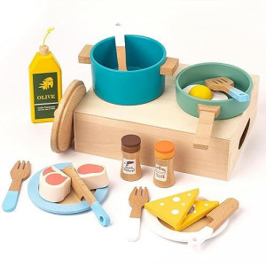 Wooden Play Kitchen Accessories For Toddlers, Kids Pretend Play Pots And Pans Food Dishes Utensils Cooking Toy Set, 20 Pieces Montessori Kitchen Tools Gifts For Boys Girls Ages 3 4 5 6 Years Old