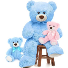 Morismos Giant Teddy Bears With Babies, Large Mommy Bear With 2 Babies Stuffed Animals For Baby Shower, Big Bear Plush For Christmas, Blue, 36 Inch