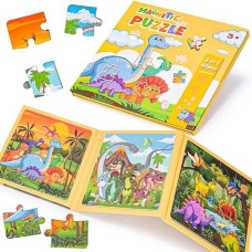 Lovestown Magnetic Puzzles For Toddlers, 48Pcs Dinosaur Travel Puzzle Book, 3 In 1 Educational Learning Magnets For Kids, Ideal Road Trip Activities Toys For Boys And Girls