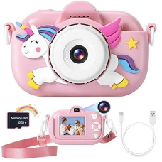 Zuodun Kids Camera Toys For Girls Age 3-8, Kids Digital Camera Toddler Camera For 3 4 5 6 7 8 Years Old Birthday Gifts, 1080P Video Camera With Cute Protective Cover & 32Gb Sd Card