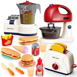 Deao Play Kitchen Appliances Toy Set With Blender, Mixer,Toaster And Play Food,Kids Kitchen Accessories Pretend Play Kitchen Toys Playset With Sounds For Kids Ages 3+