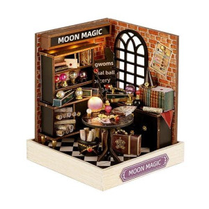 Miniature House Kit, Cuteroom Tiny House Kit Wooden Dollhouse Kit Mini House Making Kit With Dust Cover, Diy Dollhouse Kit Birthday Gift (Moon Magic)