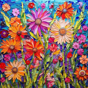 Bgraamiens Puzzle-Mosaic Art Flowers-1000 Pieces Mosaic Art Paper Puzzle For Adults, Stained Glass Art Puzzle With Flowers, Impossible Puzzle Color Challenge Flowers Puzzle For Adults