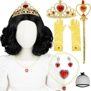 Princess Wig Set Kids Short Curly Black Cosplay Wigs For Kids Girls, Black Middle Part Wig Child'S Costume Wigs Synthetic Hair For Halloween Party