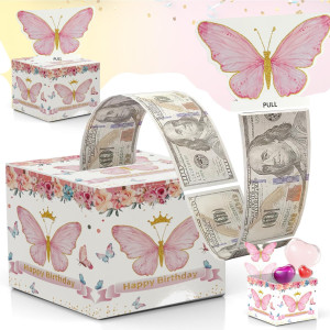 Birthday Money Box For Cash Gift Pull, Surprise Money Roll Gift Box With Pull Out Card And 30 Transparent Bags Diy Set, Funny Ways To Give Money As Gift For Parents, Lovers, Friends (Butterfly)