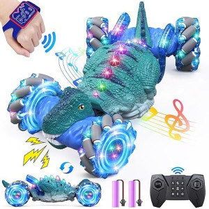 Osimily Remote Control Car,Dinosaur Toys Car For Kids,2.4Ghz Led Gesture Sensing Rc Car,4Wd Rotation Rc Stunt Car With Lights And Music,Dino Toys For Kids Ages 3 4 5 6 7 Gifts For Boys Girls(Blue)